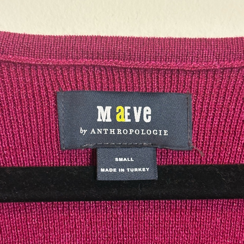 Anthropologie Maeve Shimmery Square-Neck Bell-Sleeve Sweater Raspberry Sz Small - Picture 7 of 10